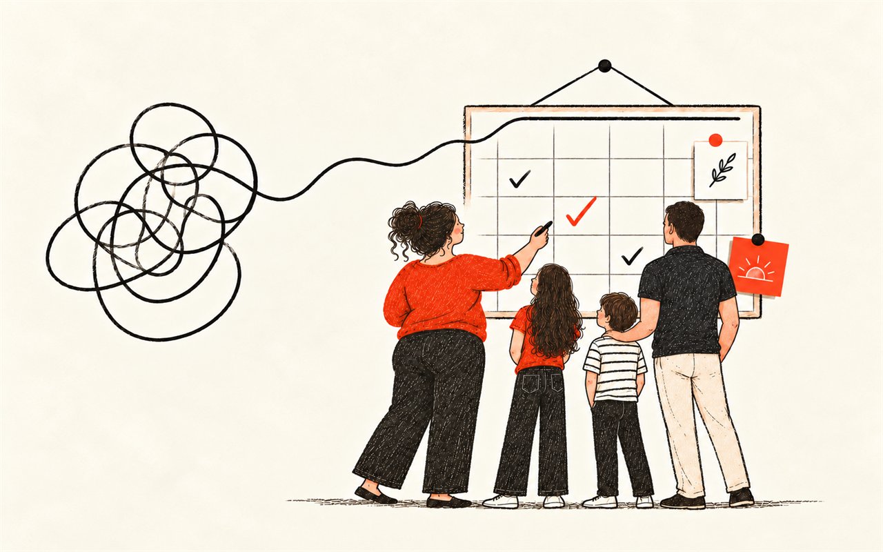 Illustration: a family planning the week together on a wall board