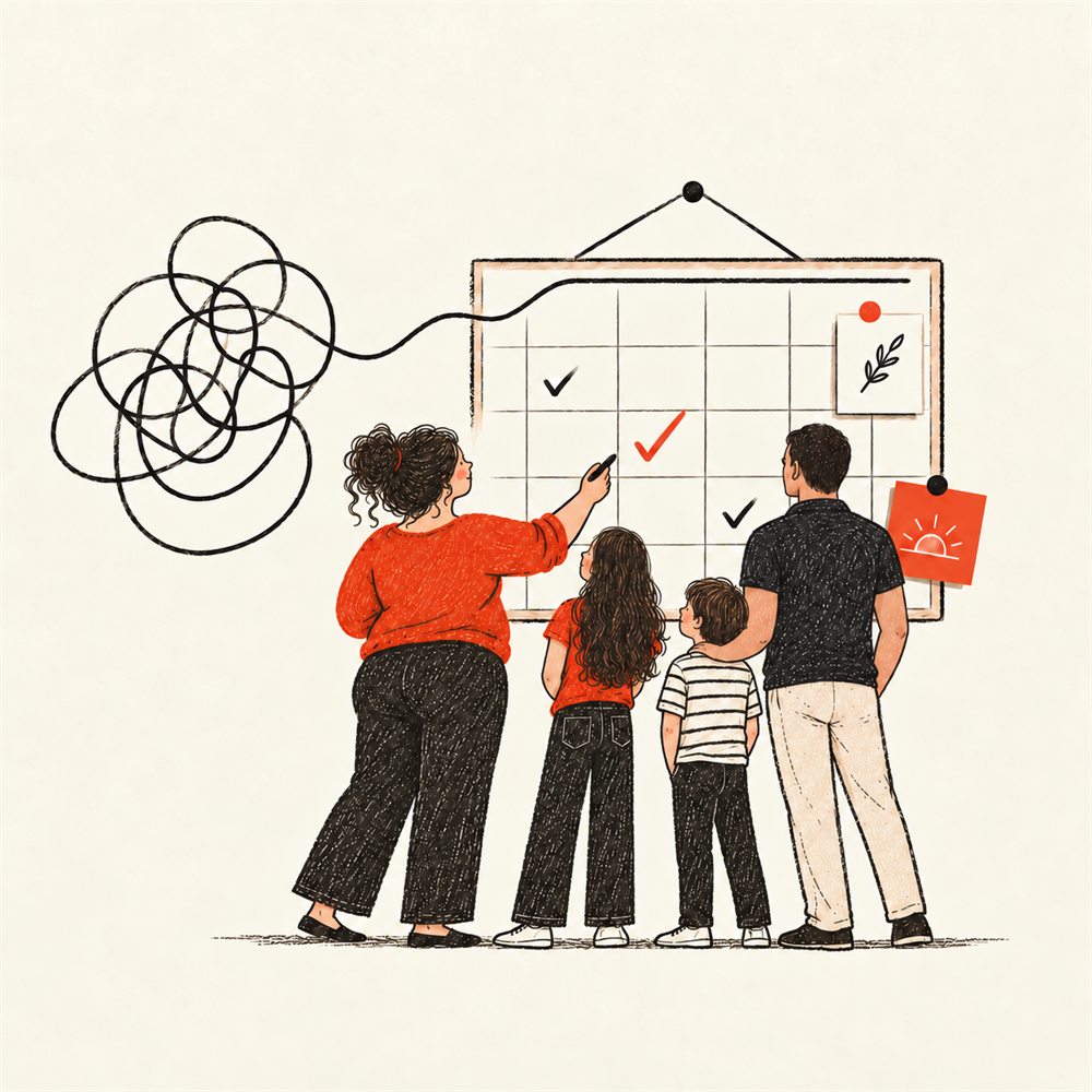 Illustration: a family planning the week together on a wall board