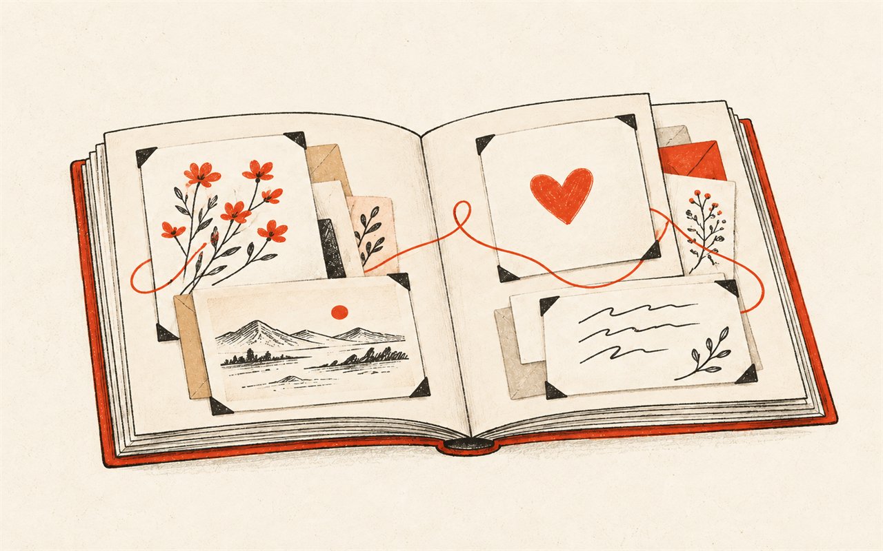 Illustration: an open album full of cards and notes