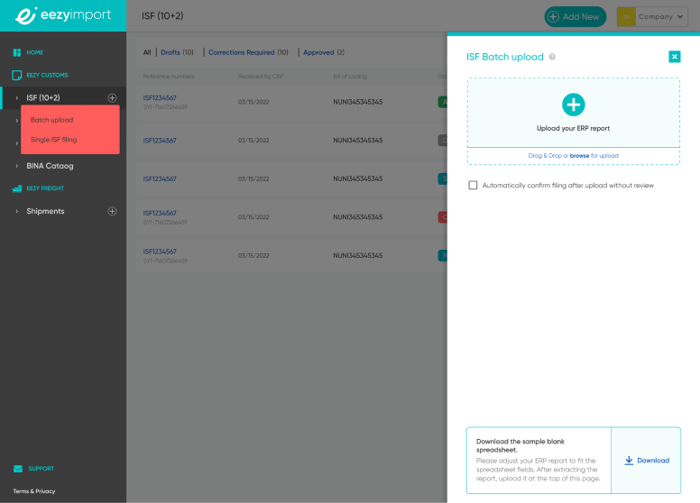 Batch upload panel for the ERP report