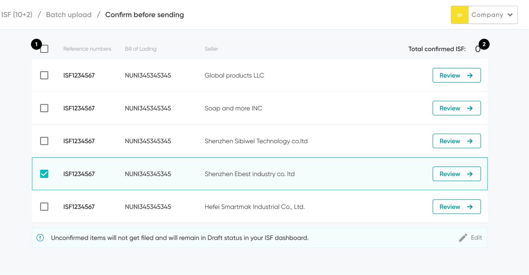 Batch upload: a list of filings to confirm before sending, with a counter of confirmed filings.