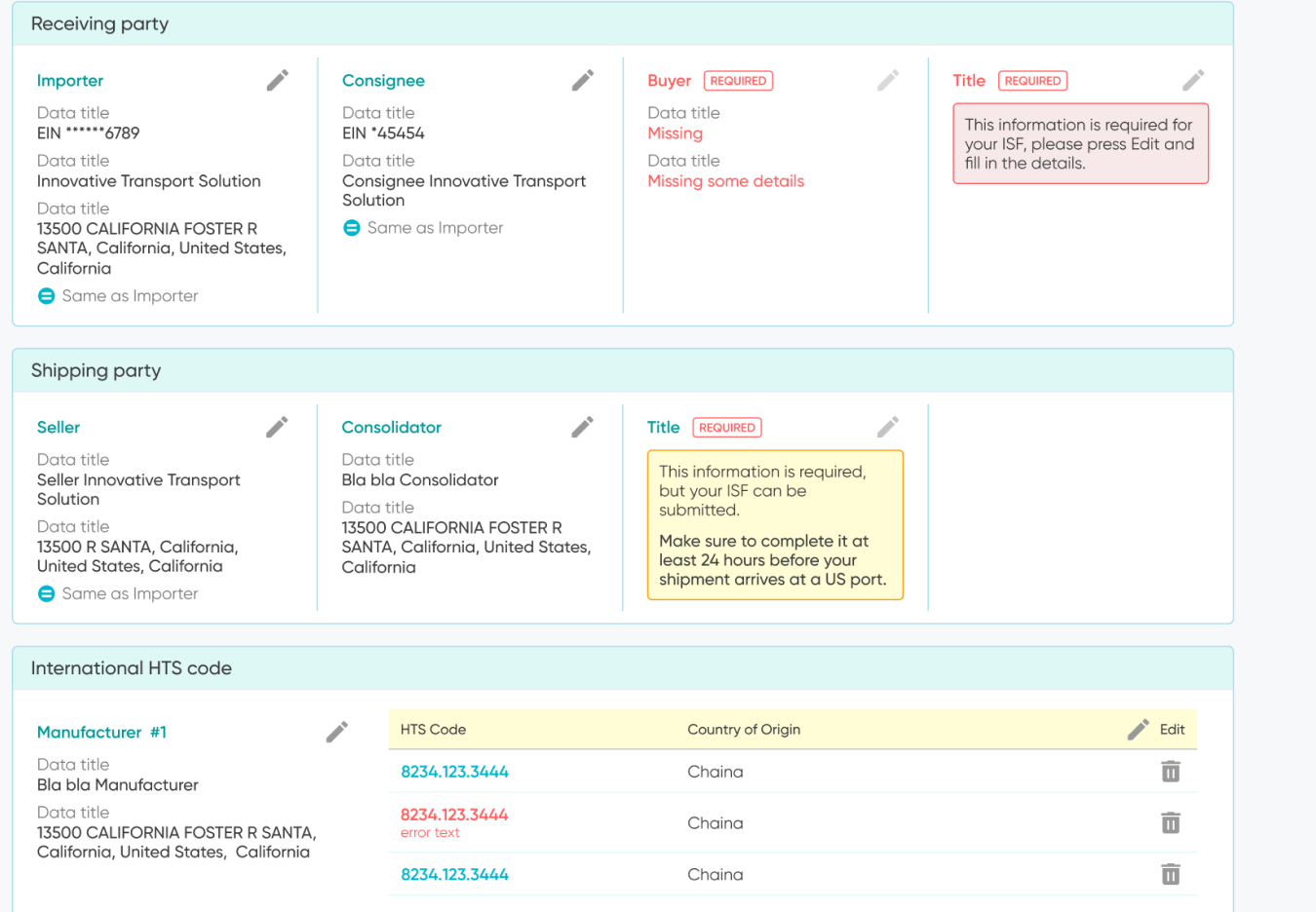 Review screen: a red block stops the filing, a yellow block can be completed later.