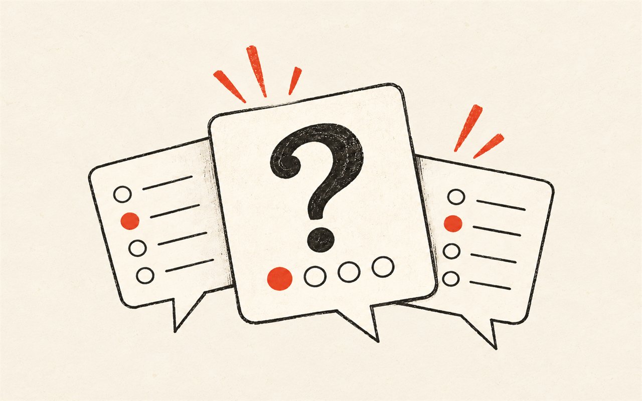 Illustration: speech bubbles with a question mark and answer options