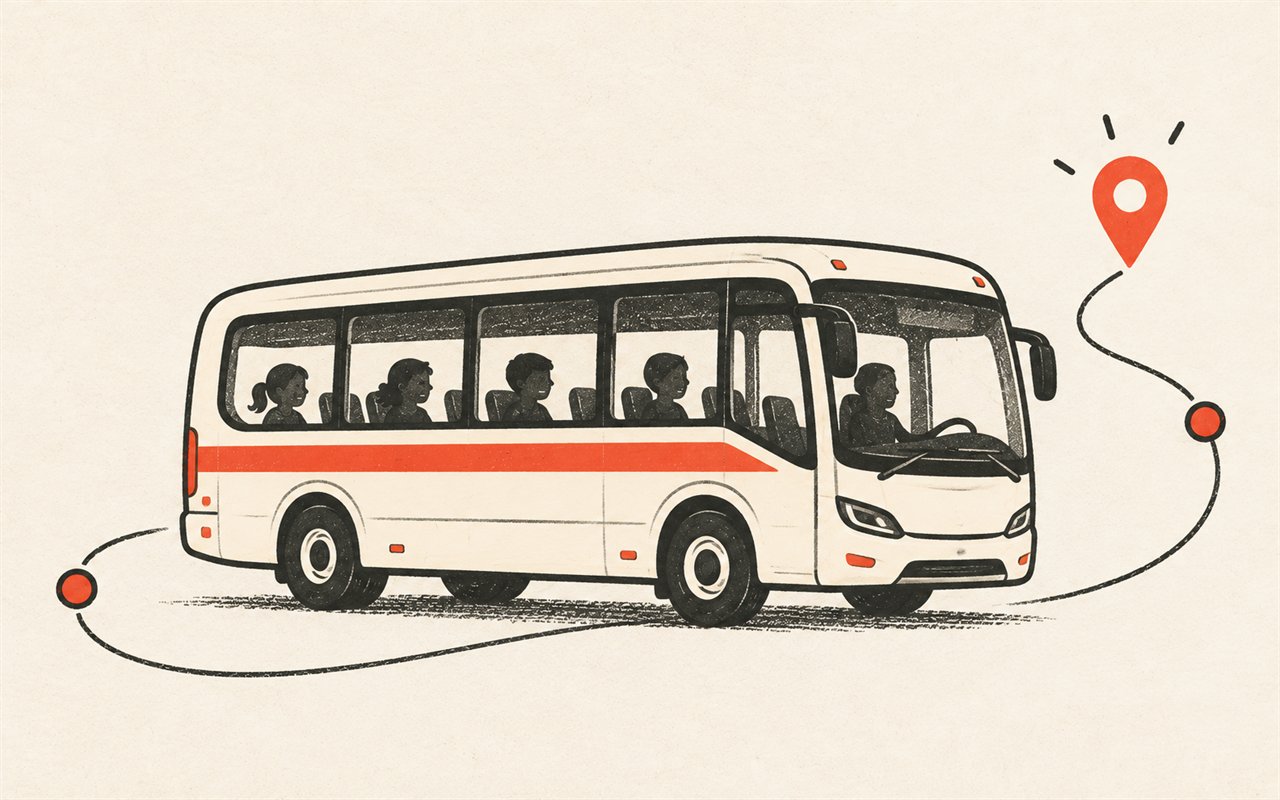 Illustration: a school minibus following a route to a pin